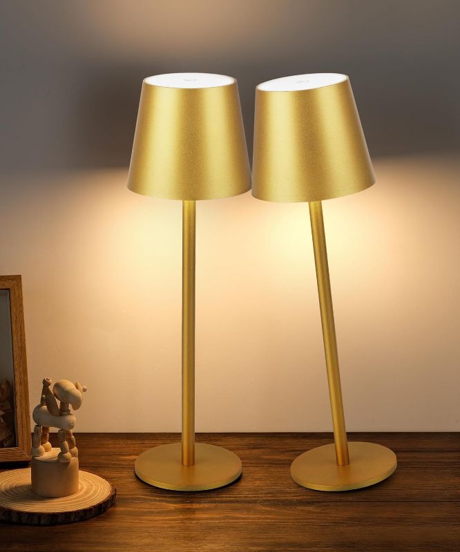 Photo 1 of ***USED***2Pack Gold Cordless Table Lamp, 5200mAh IP54 Waterproof Rechargeable Battery Desk Lamp, 3 Color Stepless Dimming Up?Battery Operated Lamp for Kitchen/Outdoor/Restaurant/Camping (Gold)