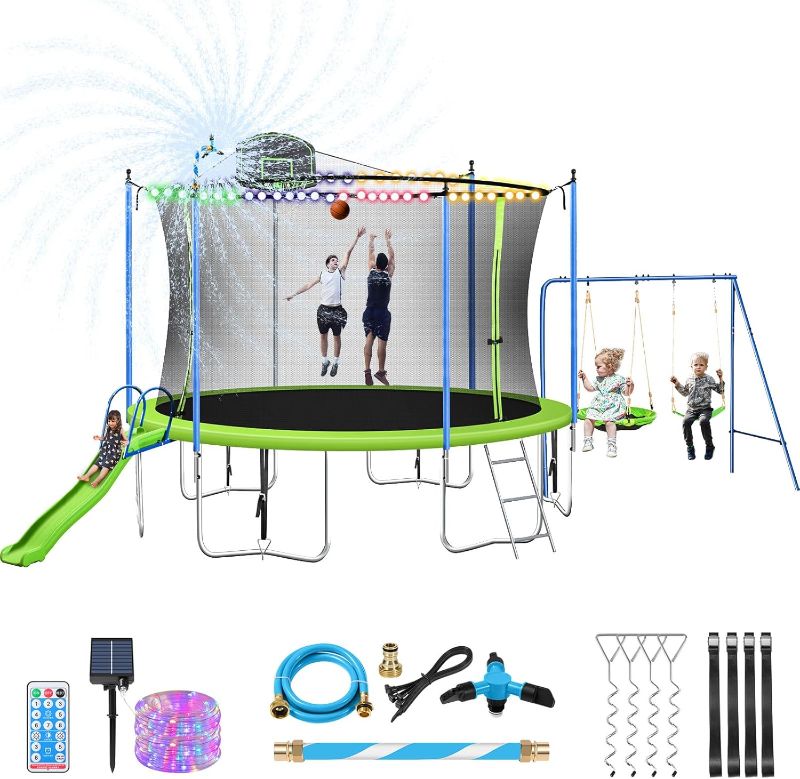 Photo 1 of 12FT 14FT Trampoline with Slide and Swings, ASTM Approved Outdoor Trampoline with Basketball Hoop and Ladder, Large Backyard Trampoline with Net, Capacity for 5-7 Kids and Adults