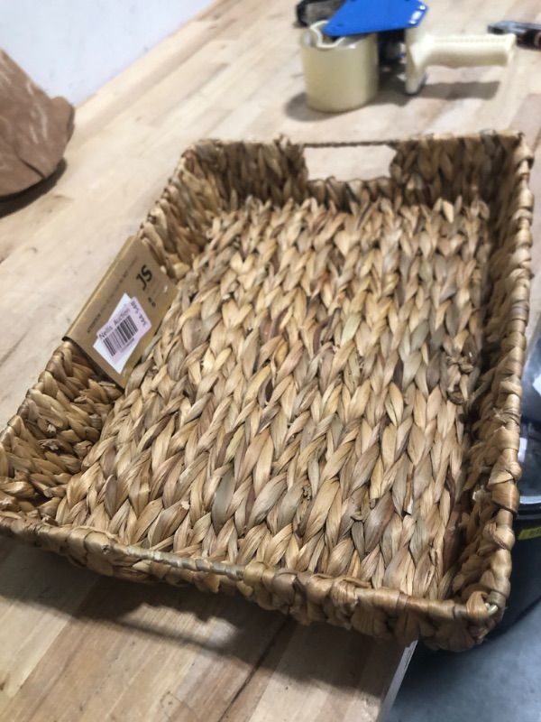 Photo 2 of (***Minor Loose Weaving***) JS HOME 16.93 inch Rectangular Wicker Tray, Hand-Woven Rattan Serving Trays with Handles for Snack Drinks Coffee Table Tray, Water Hyacinth 1Pack