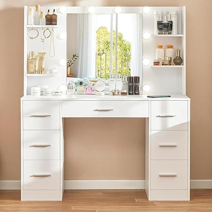 Photo 1 of  Large Vanity Desk with LED Lighted Mirror and Power Outlet, Makeup Vanity Table with 7 Drawers, 4 Shelves and 5 Hooks, Dressing Table, Desk Set for Bedroom, Bathroom,