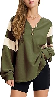 Photo 1 of EXLURA Women's Oversized V Neck Henley Shirt Patchwork 2024 Color Block Sweatshirt Long Sleeve Button Pullover Tunic Tops Army Green, XX-Large