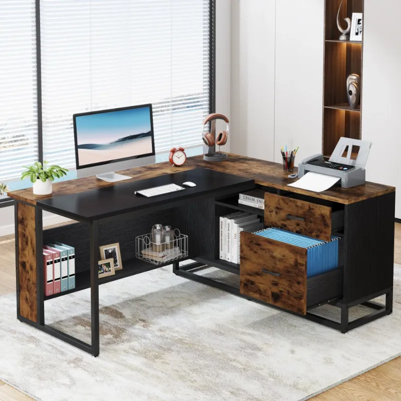 Photo 1 of 63" L-Shaped Desk, Large Executive Business Desk with Drawers and Shelves
