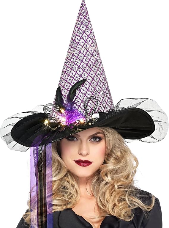 Photo 1 of  Halloween Witch Hat for Women, LED Light Witch Hats, LED Witches Hat with Flower and Gauze Decoration