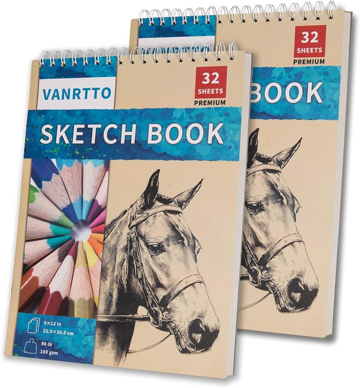 Photo 1 of 9 x 12 inches Drawing Sketch Book, 98lb/160g Sketchbook for Adults Kids Beginners Artists, Art Drawing Book for Mixed Media, Top Spiral Bound Drawing Pad, 2 Sketch pad Pack has 64 Sheets/128 Pages