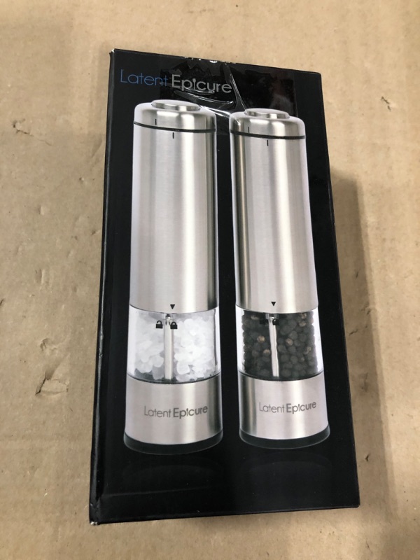 Photo 2 of Electric Salt and Pepper Grinder Set (pack of 2) - Stainless Steel Battery Operated Salt & Pepper Mills with Light - Complimentary Mill Rest- One Handed Operation Adjustable Ceramic Grinders