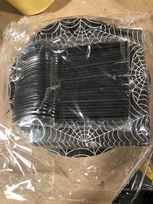 Photo 2 of 96 Pieces Birthday Spider Web Plates and Napkins Party Supplies for Adults, Birthday Dinnerware Set with Paper Plates, Napkins, and Forks for Spooky Birthday Party Decorations