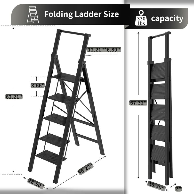 Photo 1 of 5 Step Ladder Adult Portable Folding Step Stool, Folding Aluminum Step Ladder with Double Padded Treads, Step Ladder with Handle for Home, Kitchen, Outdoor,...