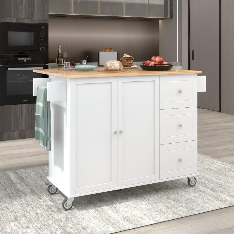 Photo 1 of  Mobile Kitchen Island with Drop Leaf Breakfast Bar, Modern Utility Storage Trolley Cart with Solid Wood Top and Locking Wheels, Spice Rack...