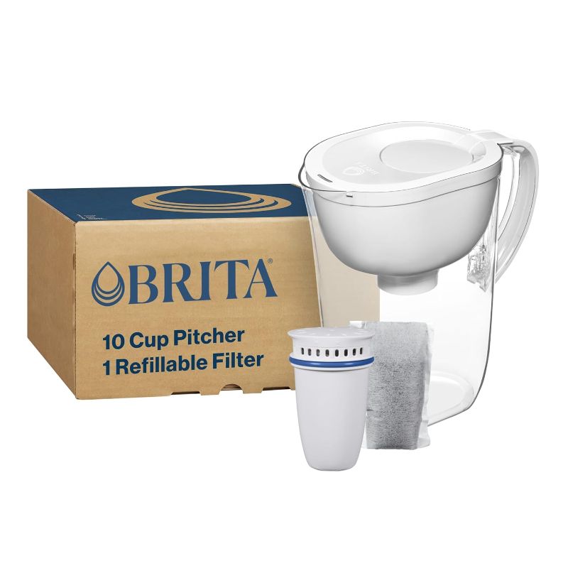 Photo 1 of Brita Refillable Water Filtration System with Large 10 Cup Pitcher, Everyday, White, and 1 Refillable Filter