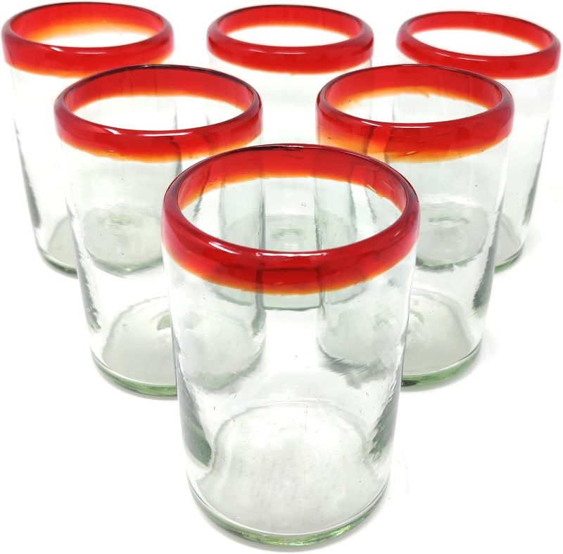 Photo 1 of 
Dos Sueños Hand Blown Mexican Drinking Glasses - Set of 6 Glasses with Red Rims (14 oz each)