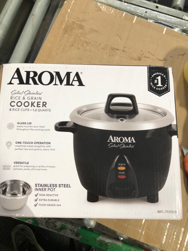 Photo 2 of Aroma Housewares Select Stainless Rice Cooker & Warmer with Uncoated Inner Pot, 3-Cup(uncooked)/6-Cup(cooked)/ 1.2Qt, ARC-753SGB, Black