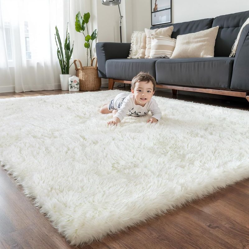 Photo 1 of  5x8 Cream Thick Fluffy Shag Area Rugs for Living Room,Off White Washable Large Rug for Bedroom,Modern Soft Shaggy Fuzzy Furry Plush Thickened Carpet for kids Boys Girls Dorm Room Nursery,Ivory