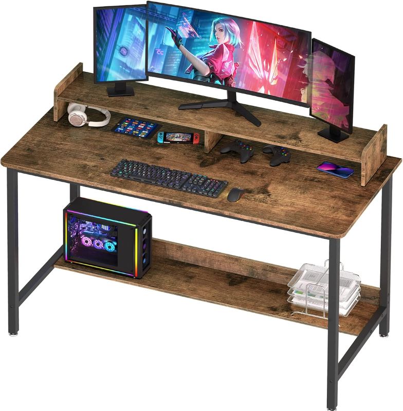 Photo 1 of ***stock photo is a similar item, not exact***Computer Desk with Shelves,  Gaming Writing Desk, Study PC Table Workstation with Storage for Home Office, Living Room, Bedroom, Metal Frame, Rustic.