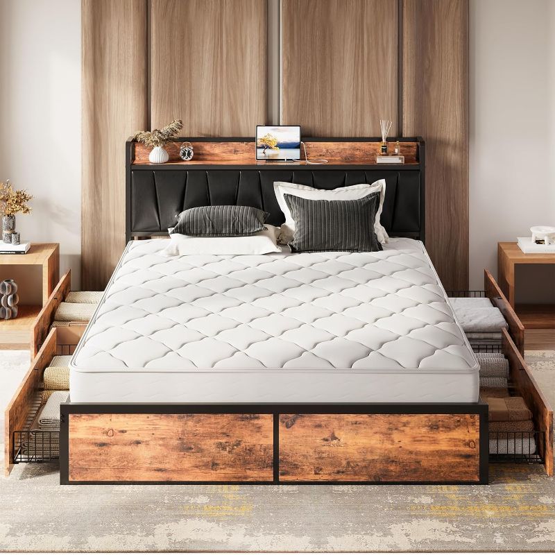 Photo 1 of ***Size unknown*** LIKIMIO Bed Frame with 4 Storage Drawers, Platform Bed with Charged Headboard, Sturdy and Stable, No Noise, No Box Spring Needed, Easy to Install, Vintage Brown and Black
