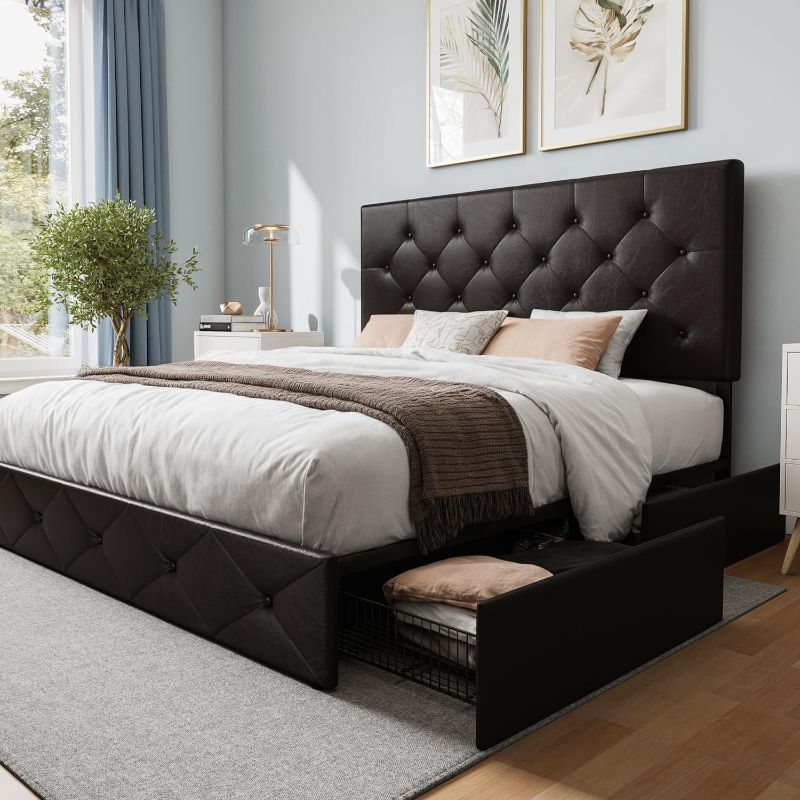 Photo 1 of ***Stock photo is a similar item*** WEEWAY Queen Bed Frame with 4 Drawers, Platform Queen Size Bed Frame with Diamond-Stitch Button Tufted Headboard, Bed Frame Queen Size with Storage, No Box Spring Needed, Easy Assembly