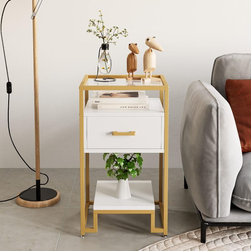 Photo 1 of ***Stock photo is a similar item, not exact*** White and Gold Nightstand, End Table with Storage Drawer and 3-Tier Storage & Tempered Glass Top, Bedside Furniture with Steel Frame, Side Table for Bedroom, Dorm