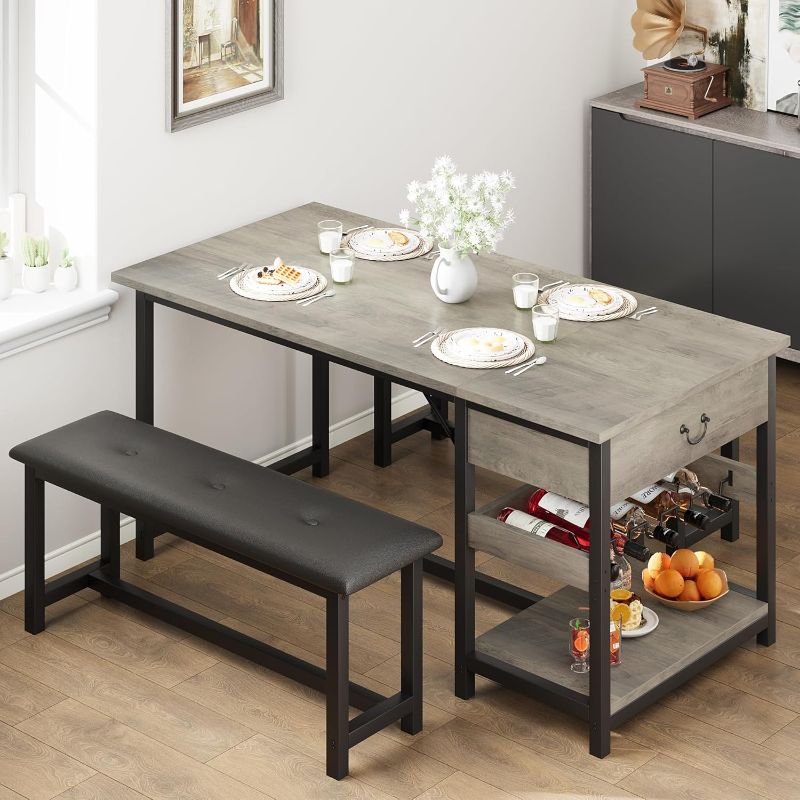 Photo 1 of ***Stock photo is a similar item of a different color*** Dining Table Set for 4, Kitchen Dining Table Set with Upholstered Benches, Kitchen Dining Room Table with Storage Drawers & Wine Rack for Small Space-Grey
