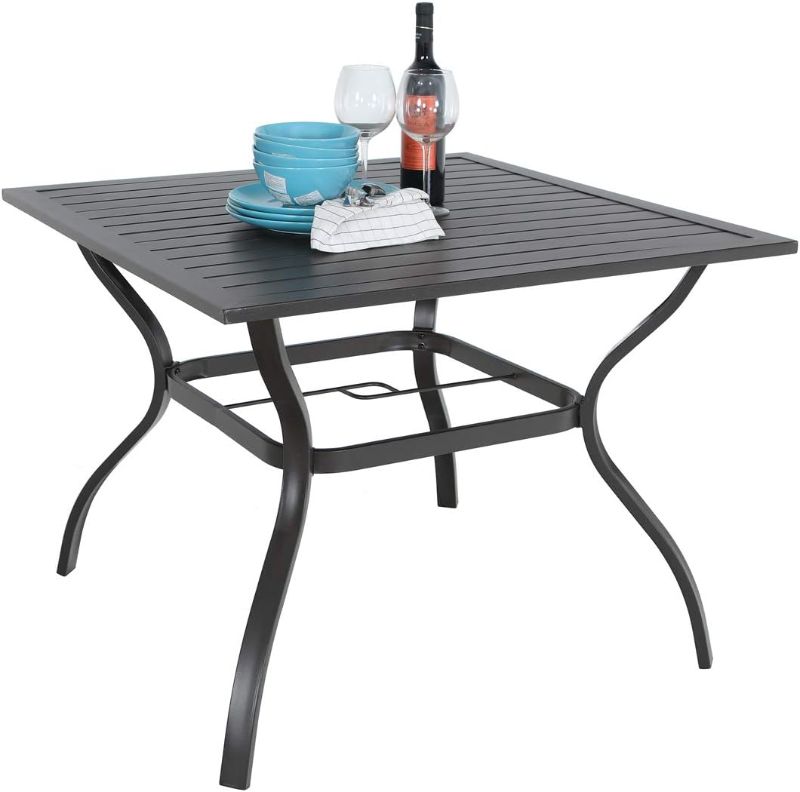 Photo 1 of  ***Stock photo is a similar item*** Patio Table for 4, Metal Outdoor Dining Table with E-Coating, Square Steel Slated Outdoor Table with 1.57" Umbrella Hole for Garden Backyard, Black