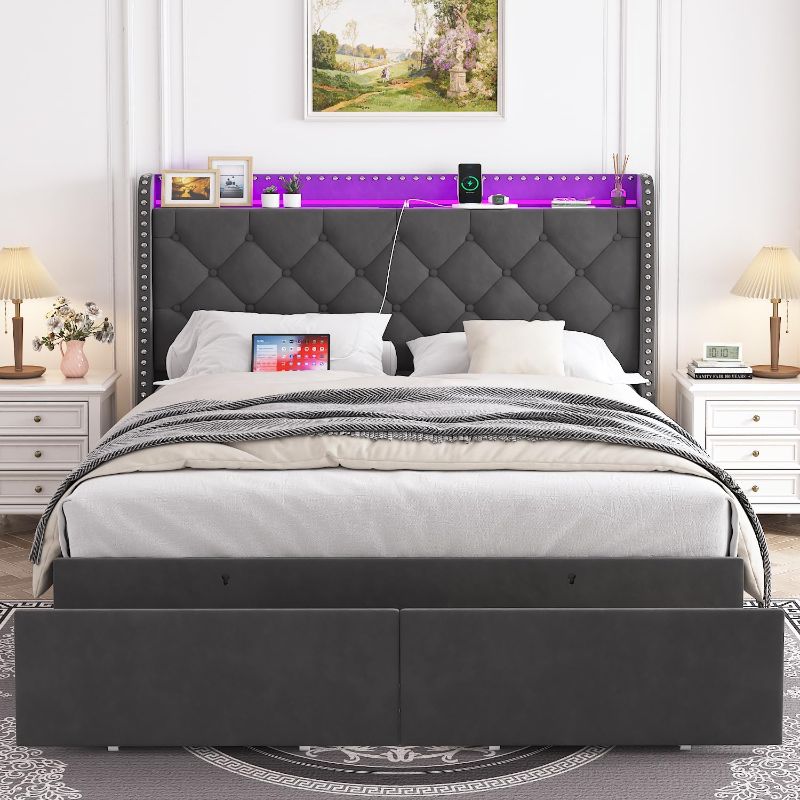 Photo 1 of ***stock photo is a similar item, not exact*** ***Size unknown, estimated queen***  Bed Frame with Drawers and LED Lights, Upholstered Platform Bed Frame with Button Tufted Wingback Headboard, Wood Slats, Easy Assembly, Noise-Free, No Box Spring Needed, D