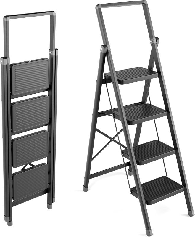 Photo 1 of ***Stock photo is a similar item, not exact*** 4 Step Ladder, Folding Step Stool with Wide Anti-Slip Pedal, Sturdy Steel Ladder, Convenient Handgrip, Lightweight, Portable Steel Step Stool, Black
