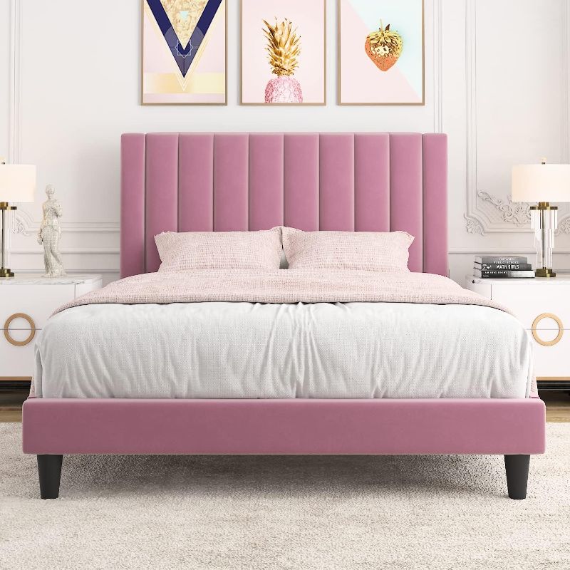 Photo 1 of ***Stock photo is a similar item, not exact*** Upholstered FPK Bed Frame, Full, Pink