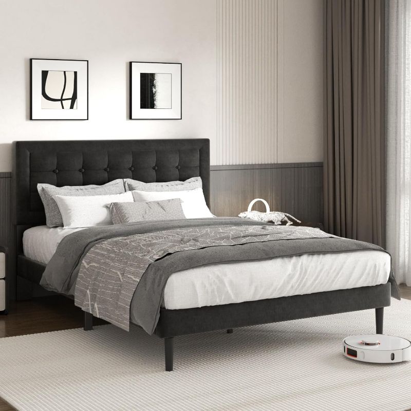 Photo 1 of ***Stock photo is a similar item, not exact*** ***Size unknown, estimated size is full.*** Bed Frame with Headboard, Platform Bed Frame with Velvet Upholstered Button Tufted Headboard, Wood Slats Support, No Box Spring Needed, Mattress Foundation, Easy As