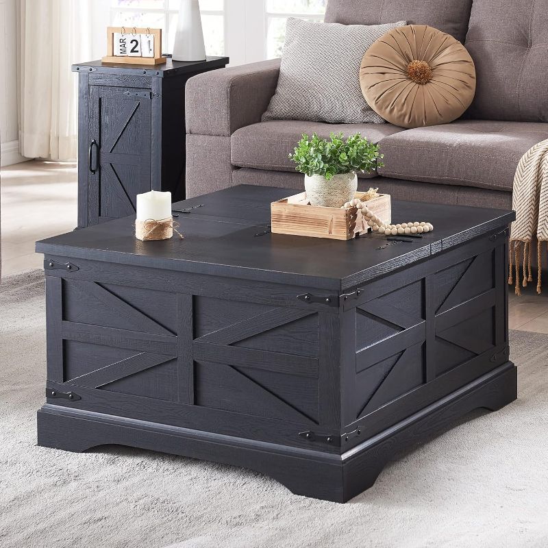 Photo 1 of ***Stock photo is a similar item*** Farmhouse Coffee Table, Square Wood Center Table with Large Hidden Storage Compartment for Living Room, Rustic Cocktail Table with Hinged Lift Top for Home, Black