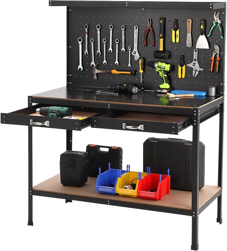 Photo 1 of ***Stock photo is a similar item*** Workbench, Tools Cabinet Working Tables Workbench Tool Storage Workshop Table with Drawers and Pegboard