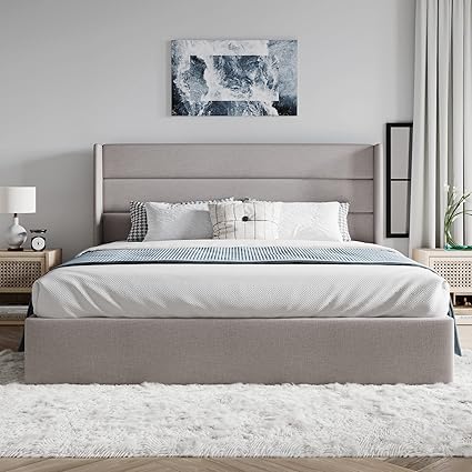 Photo 1 of ***stock photo is a similar item*** Queen SizModern Wingback Headboard/Upholstered Platform Bed Frame/No Box Spring Needed/Wood Slats Support/Light Gray