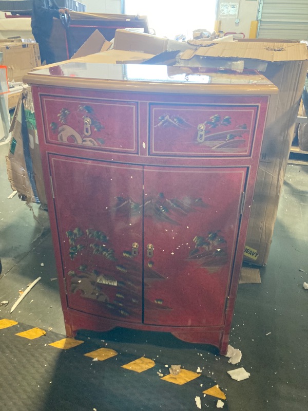 Photo 2 of ***Small dents on the cabinet top (shown in last photo) and chipping on the legs***Red Lantern Artisan Crafted Lacquer Storage Cabinet - Red with Hand-Painted Chinese Landscape