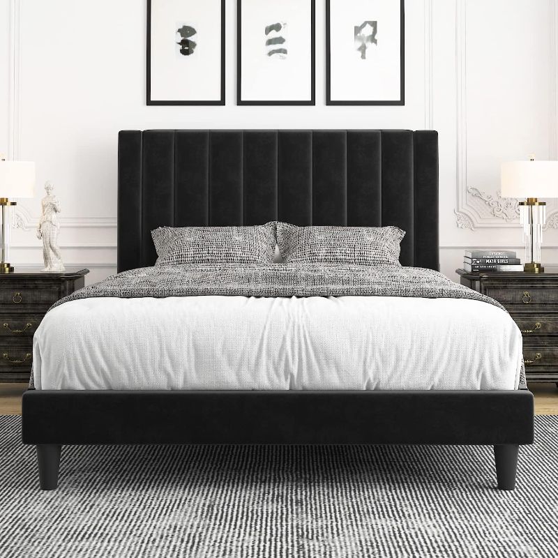 Photo 1 of ***Stock photo is a similar item, not exact***Queen Bed Frame/Velvet Upholstered Bed Frame with Vertical Channel Tufted Headboard/Strong Wooden Slats/Platform Bed Frame/Mattress Foundation/Box Spring Optional/Easy Assembly/Black
