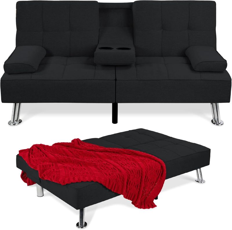 Photo 1 of  Linen Modern Folding Futon, Reclining Sofa Bed for Apartment, Dorm w/Removable Armrests, 2 Cupholders - Black