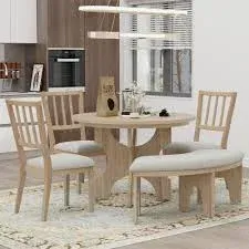 Photo 1 of ***ONLY TABLE****Goozio Piece Round Table Set with Curved Bench & Side Chairs Retro Dining Set of 4-5 for Kitchen,Dinning Room,Natural Wood Wash, OneSize