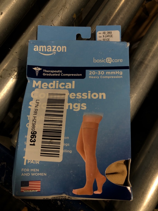 Photo 1 of Amazon Basic Care Medical Compression Stockings, 20-30 mmHg Support, Women & Men Thigh Length Hose, Open Toe, Beige, X-Large (Previously NuVein)
