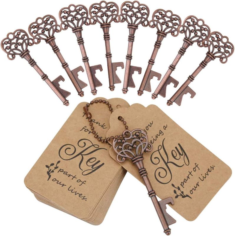 Photo 1 of ***KEYS ARE SILVER***
WODEGIFT Wedding Favors/ Party Favors Key Bottle Opener,Vintage Skeleton Key Bottle Openers with Escort Tag Cards and Key Chains(Red Copper)
