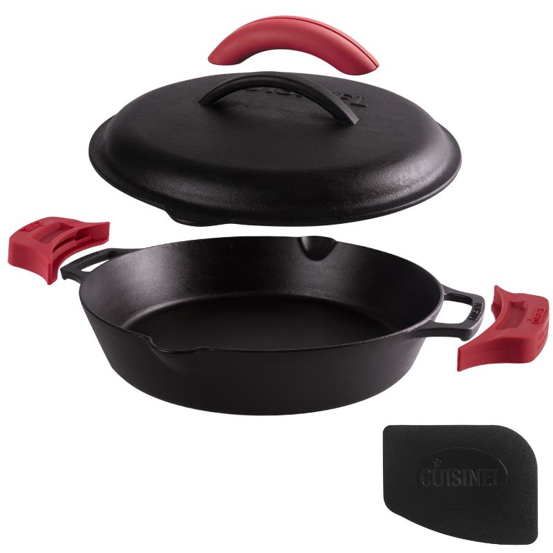 Photo 1 of Cast Iron Skillet with Cast Iron Lid - 12"-Inch Dual Handle Frying Pan + Pan Scraper + Silicone Handle Holder Covers - Pre-Seasoned Oven Safe Cookware