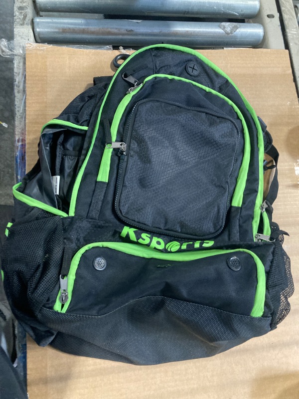 Photo 2 of ***CHECK DAMAGE IN REAL IMAGE*** Ksports Baseball Bag Black with Green Zippers - Backpack for Baseball, T-Ball & Softball Equipment & Gear for Youth and Adults - Holds Bats, Helmet, Gloves, Gear - Shoe Compartment & Fence Hook