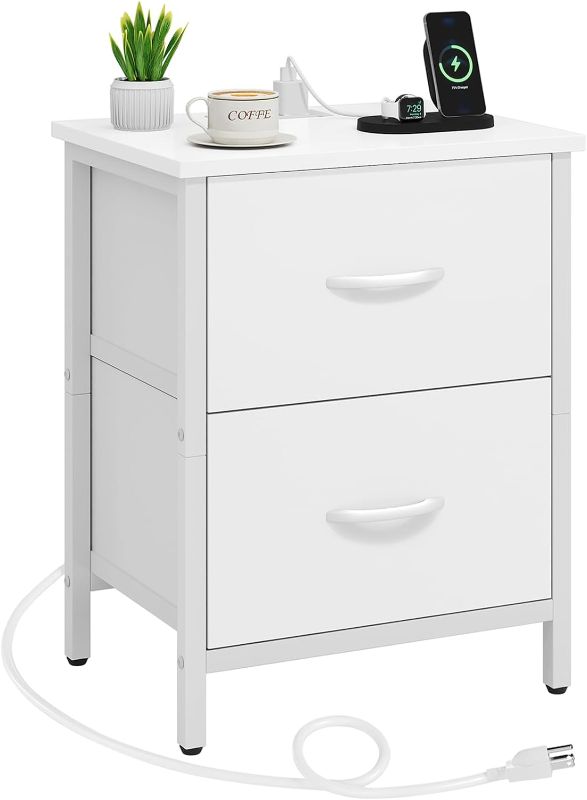 Photo 1 of ***CHECK DAMAGE IN REAL IMAGE***
 Nightstand with Charging Station, Bedside Table with USB Ports and Outlet, End Table Side Table with 2 Fabric Drawers for Bedroom, Living Room, White