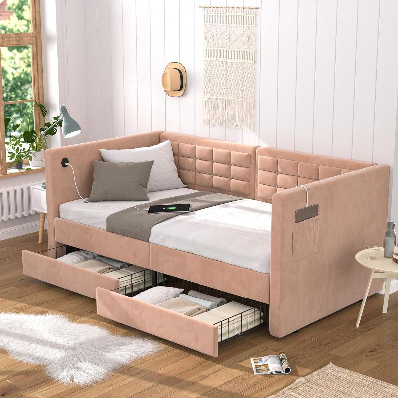 Photo 1 of ***DOES NOT HAVE INSTRUCTION MANUAL, MEASUREMENTS ARE UNKNOWN*** Upholstered Daybed Brown Twin Daybed with Storage Drawers, Button Tufted Headboard and Wood Slat Support Sofa Bed