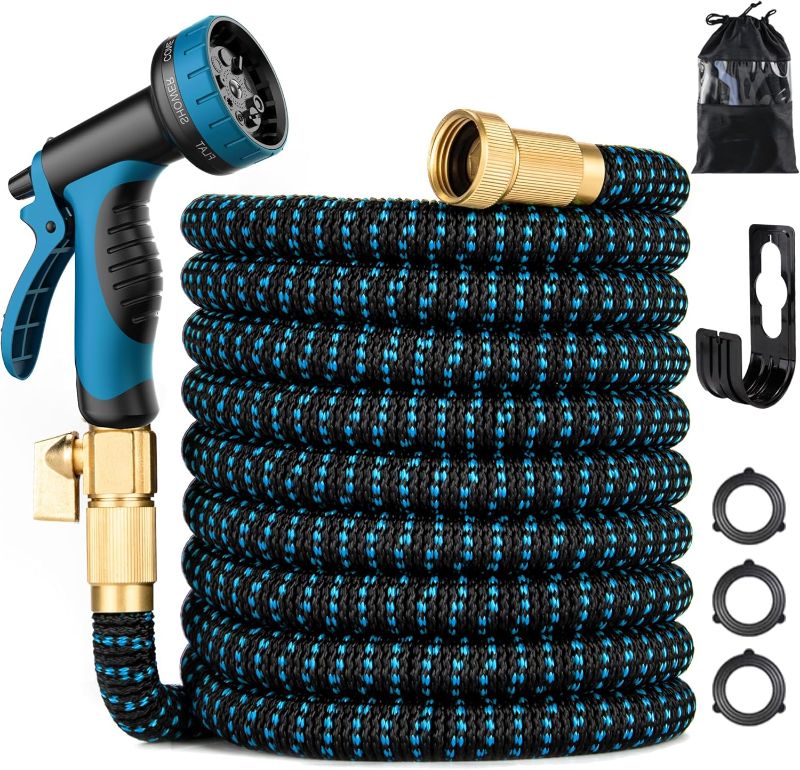 Photo 1 of 100 ft Expandable Garden Hose - Kink Free Flexible Water Hose 100ft with 10 Pattern Spray Nozzle, 3/4 Solid Brass Connectors, Retractable Latex Core - Lightweight Expanding Hose
