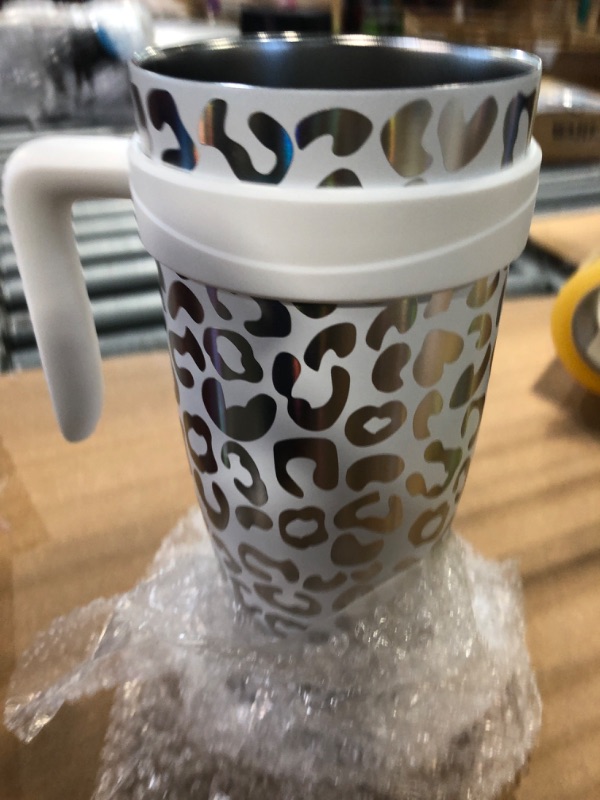 Photo 2 of ***NO LID***Zukro 50 oz Mug Tumbler With Flip Straw and Handle, Leak Proof Vacuum Insulated Stainless Steel Cup with 2-in-1 Lid Fit in Cup Holder, No Sweat, Keeps Cold for 30 Hours, White Leopard