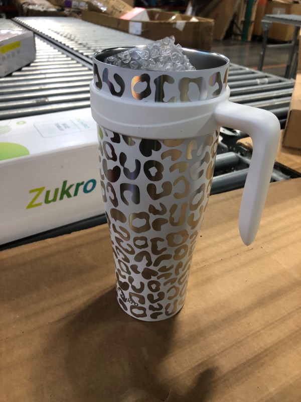 Photo 2 of ***NO LID***Zukro 50 oz Mug Tumbler With Flip Straw and Handle, Leak Proof Vacuum Insulated Stainless Steel Cup with 2-in-1 Lid Fit in Cup Holder, No Sweat, Keeps Cold for 30 Hours, White Leopard