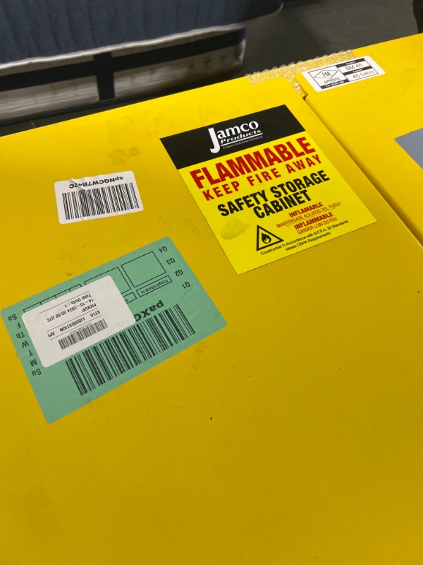 Photo 3 of *** NO KEYS FOUND TO OPEN THE CABINET *** amco 45 Gallon Safety Steel Metal Flammable Liquid Storage Cabinet with Lockable Manual Closing Doors, Non Forkliftable, 43-Inch x 18-Inch x 65-Inch, Yellow