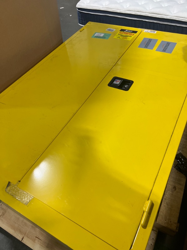 Photo 4 of *** NO KEYS FOUND TO OPEN THE CABINET *** amco 45 Gallon Safety Steel Metal Flammable Liquid Storage Cabinet with Lockable Manual Closing Doors, Non Forkliftable, 43-Inch x 18-Inch x 65-Inch, Yellow