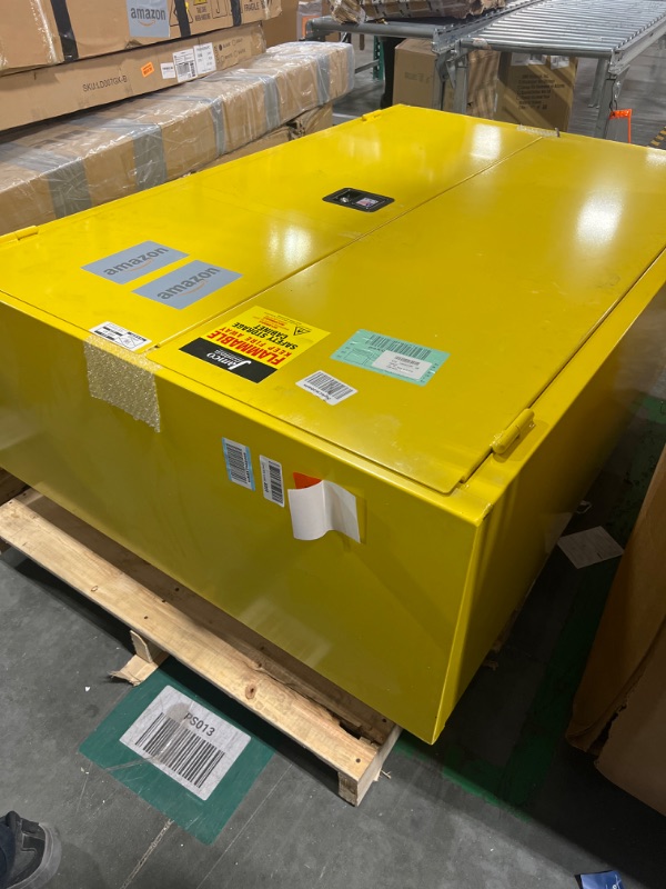 Photo 2 of *** NO KEYS FOUND TO OPEN THE CABINET *** amco 45 Gallon Safety Steel Metal Flammable Liquid Storage Cabinet with Lockable Manual Closing Doors, Non Forkliftable, 43-Inch x 18-Inch x 65-Inch, Yellow