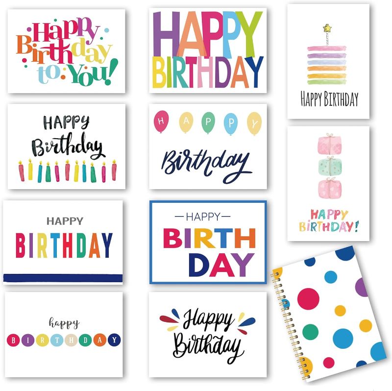 Photo 1 of  100 Birthday Cards, Happy Birthday Cards Bulk with Short Message Inside, 5x7 Inch Thick Card Stock Assorted Birthday Cards with Envelopes,10 Unique Designs Birthday Cards for Men and Women.