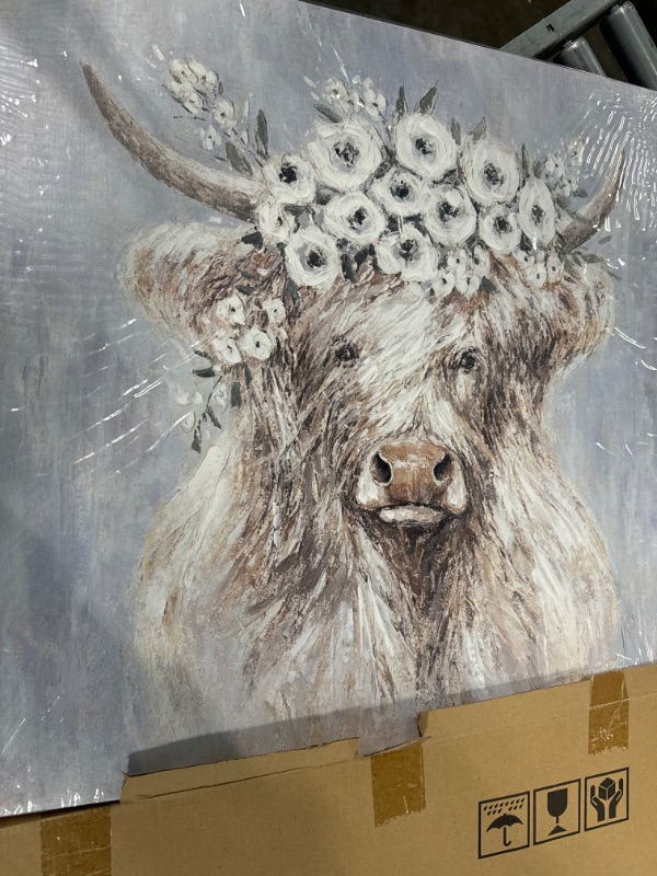 Photo 2 of ***2 pcs*** Sycdeor Long Yak with Flowers on Its Head Decor Wall Art Gray Highland Cow Pictures Canvas Artwork Painted for Farm Country Farmhouse 24x24