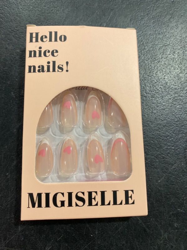 Photo 1 of  French Square Almond Press On Nails Medium Length for Women Girl Glue On Nails False Nails Acrylic Nail Fake Nails (Pink Heart)