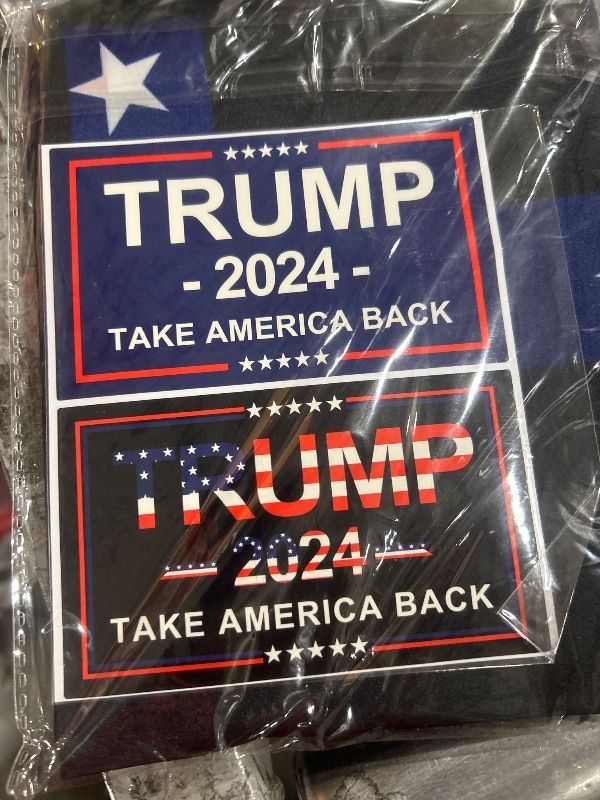 Photo 2 of Trump 2024 Flag, 3x5 Feet Trump Flag 2024 Take American Back with 4 Pcs Trump 2024 Sticker, Trump Flags American Flag with Brass Buttonhole Trump Flag for Outdoor Room (Black)
