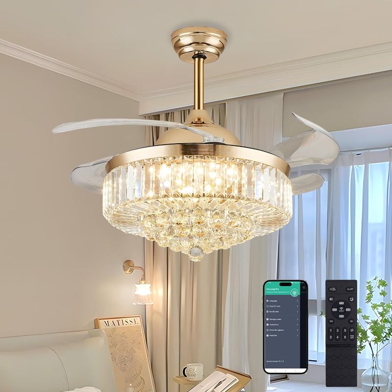 Photo 1 of 48" Dimmable Crystal Ceiling Fan with Light, Fandelier,Chandelier Fan with 4 Retractable Blades LED Remote APP Control for Living Room, Bedroom, Dining Room 6 Speed-Gold